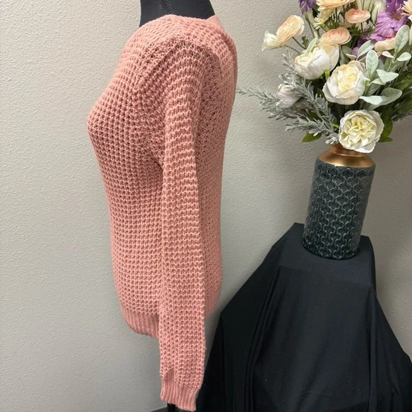 Papaya Pink Textured Knit Sweater M Long Sleeve Crisscross Back Fall Winter - Picture 2 of 7
